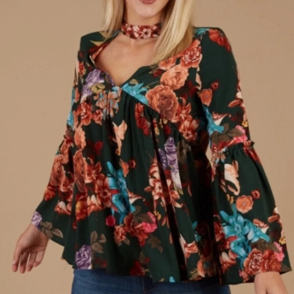 Altar’d State Green Floral Blouse Flare Bell Sleeve Choker Collar Top SZ Medium